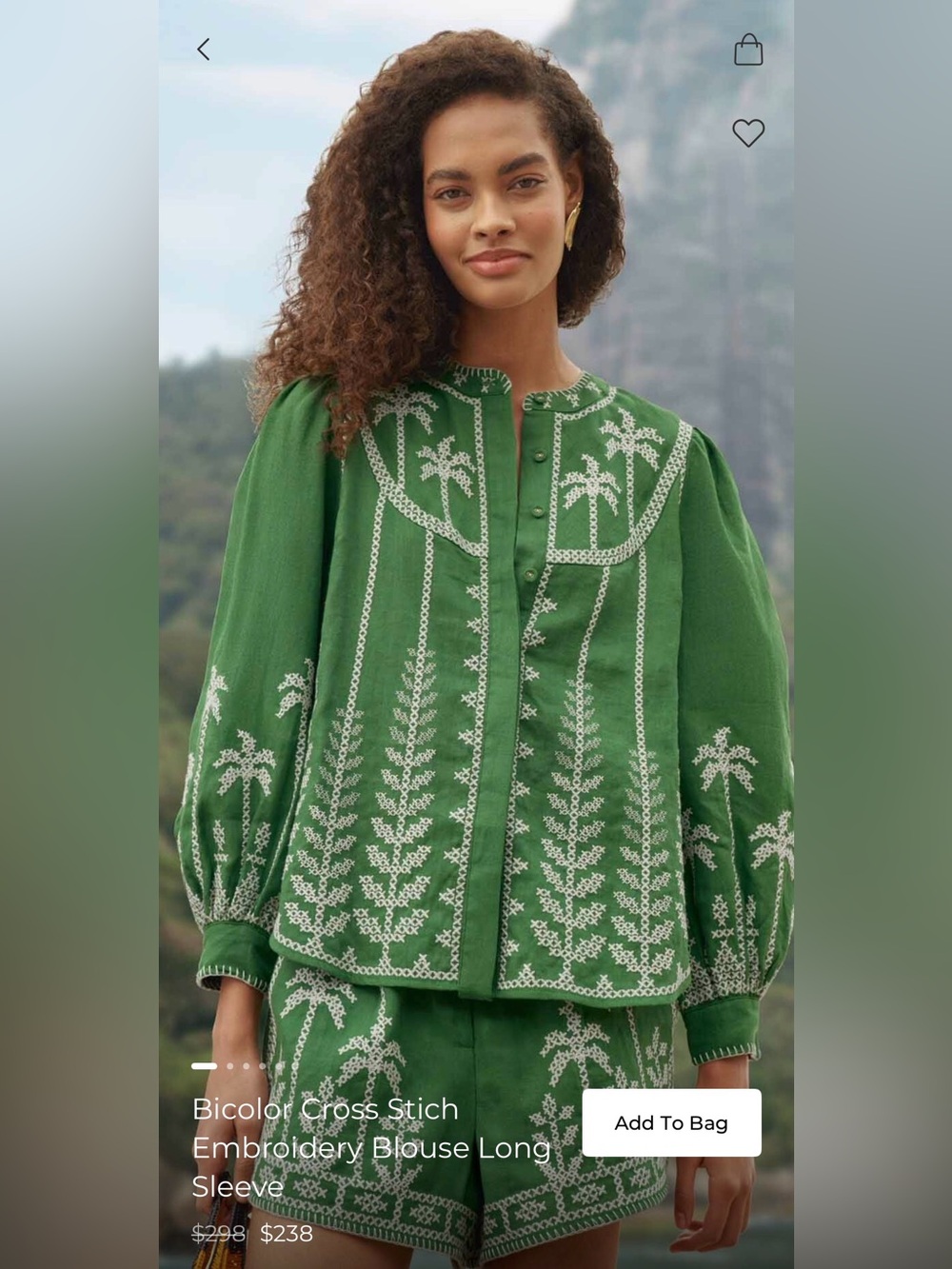 Bicolor Cross-Stitch Embroidery Blouse in Green